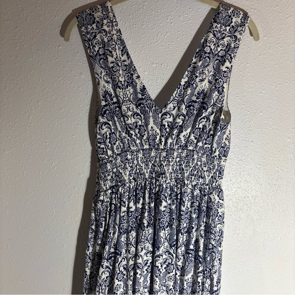 Hyacinth House Maxi Tuckernuck Navy Scroll Print Toula Linen Keyhole Dress XS - Picture 7 of 15